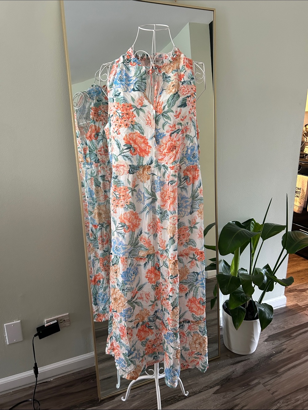 LOFT Floral Halter Maxi Dress in Peach, Blue & Cream